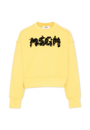 Felpa corta gialla con maniche lunghe e decorazioni floreali nere che formano la scritta "MSGM" sul petto.
