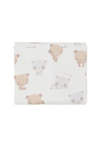 Manta de algodón con un fondo blanco y ositos de peluche en marrón claro y gris; incluye textos divertidos y diferentes poses.