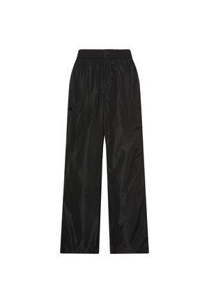 Pantalon cargo noir à jambes larges en tissu lisse et léger. Comprend une taille élastique avec fermeture par bouton et des poches latérales.