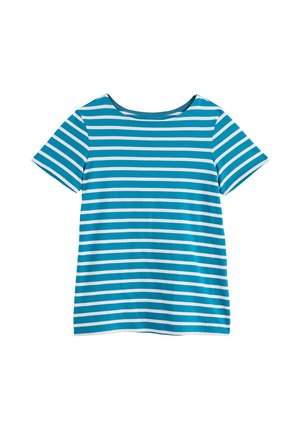 T-shirt à manches courtes rayé horizontalement bleu et blanc avec un col rond sur fond blanc.