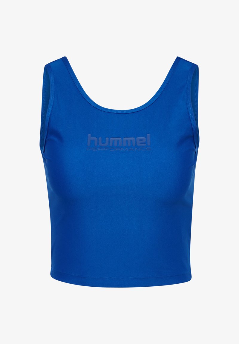 Blue athletic crop top made of smooth, stretchy fabric. Features a rounded neckline and embossed “hummel PERFORMANCE” logo on the front.