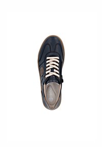 Navy leather sneaker with contrasting beige laces, round toe, and rubber sole. Features a logo accent and padded collar for comfort.