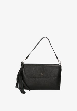 Borsa a tracolla nera in pelle con finitura textured, dotata di chiusura a patta, tracolla regolabile e decorativi nappine intrecciate. Finiture in argento.