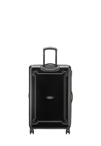 Valigia rigida nera con manico telescopico, quattro ruote e finiture in argento. Presenta una texture liscia e dettagli di design geometrici.