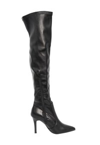 Botas de cuero negras hasta la rodilla con un diseño ajustado, punta afilada y tacón de aguja. Cierre lateral con cremallera para ponerlas fácilmente. Textura lisa en toda su superficie.