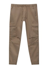 Beige cargos med elastisk talje og snor. Har flere sidelommer og smalle bukseben. Glat bomuldsstof.