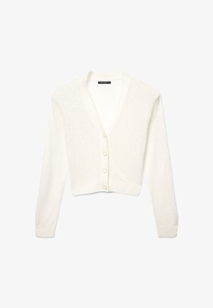 Weißes, kurzes Strickjacke mit strukturiertem Rautenmuster, V-Ausschnitt und fünf runden Knöpfen auf der Vorderseite sowie gerippten Bündchen.