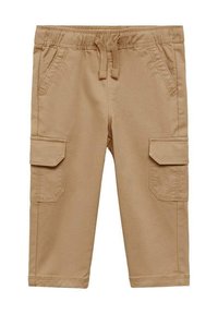 Khaki spodnie cargo z elastycznym pasem, trzema kieszeniami i prostym krojem nogawek. Wykonane z lekkiej bawełnianej tkaniny.