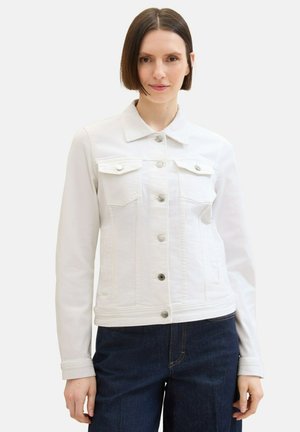 White denim jacket with a button-up front, pointed collar, and two chest pockets. The design features a cropped length and long sleeves.