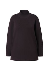 Pull à manches longues marron foncé avec un col montant, coupe décontractée et petit logo métallique rond près de l'ourlet sur le côté avant droit.