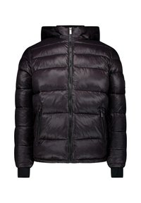 Zwarte pufferjas met een ritssluiting aan de voorkant, twee zijzakken en een capuchon. Bevat gestikte panelen en elastische boorden voor een goede pasvorm en warmte.