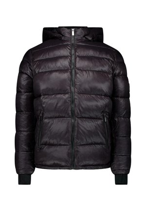 Zwarte pufferjas met een ritssluiting aan de voorkant, twee zijzakken en een capuchon. Bevat gestikte panelen en elastische boorden voor een goede pasvorm en warmte.