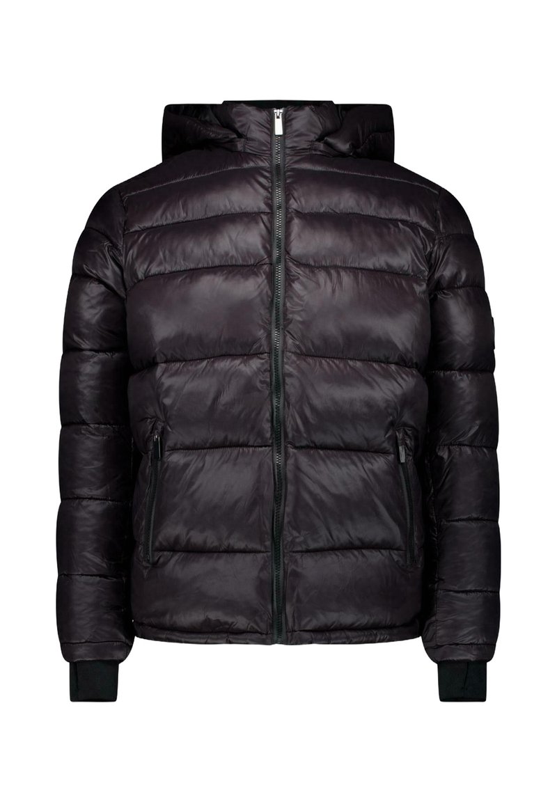 Zwarte pufferjas met een ritssluiting aan de voorkant, twee zijzakken en een capuchon. Bevat gestikte panelen en elastische boorden voor een goede pasvorm en warmte.