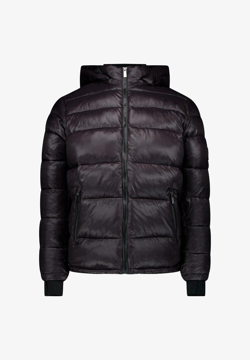 Zwarte pufferjas met een ritssluiting aan de voorkant, twee zijzakken en een capuchon. Bevat gestikte panelen en elastische boorden voor een goede pasvorm en warmte.