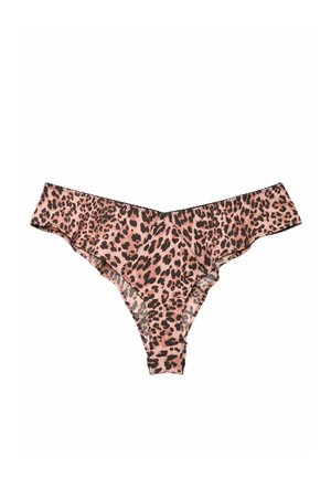 Perizoma rosa con motivo leopardato nero e marrone scuro su sfondo bianco.
