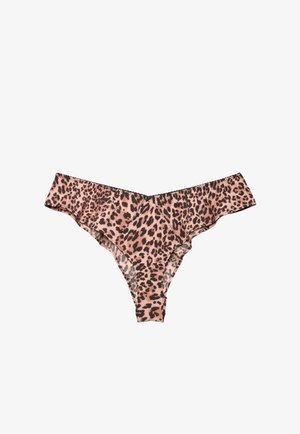Pink g-streng med sort og mørkebrun leopardmønster på hvid baggrund.