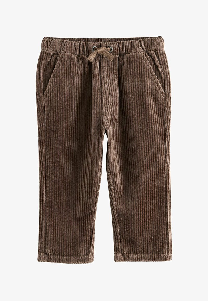 Pantalon en velours côtelé marron avec une taille élastique, cordon de serrage ajustable, poches latérales et texture côtelée verticale.