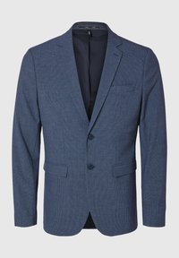 Blazer bleu marine en tissu texturé. Doté d'un col à revers, d'une fermeture à deux boutons et de poches avant. Doublure intérieure.
