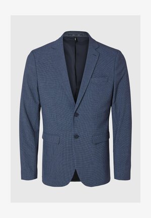 Marineblauer Blazer aus strukturiertem Stoff. Mit Reverskragen, Zwei-Knopf-Verschluss und Fronttaschen. Gefüttertes Inneres.
