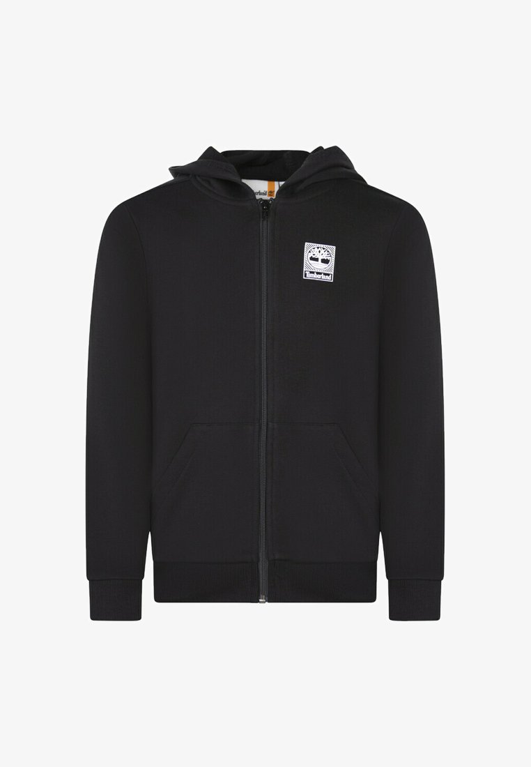 Felpa nera con zip e tasca a marsupio, polsini e orlo a coste. Presenta un logo bianco Timberland sul petto. Tessuto morbido.