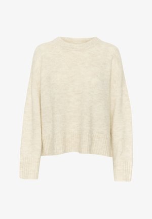 Helebeežist kootud kampsun, mis on valmistatud pehmest tekstuuritud kangast, ümara kaeluse, langenud õlgade ning ribadest varrukate ja äärega. Lühike pikendus.