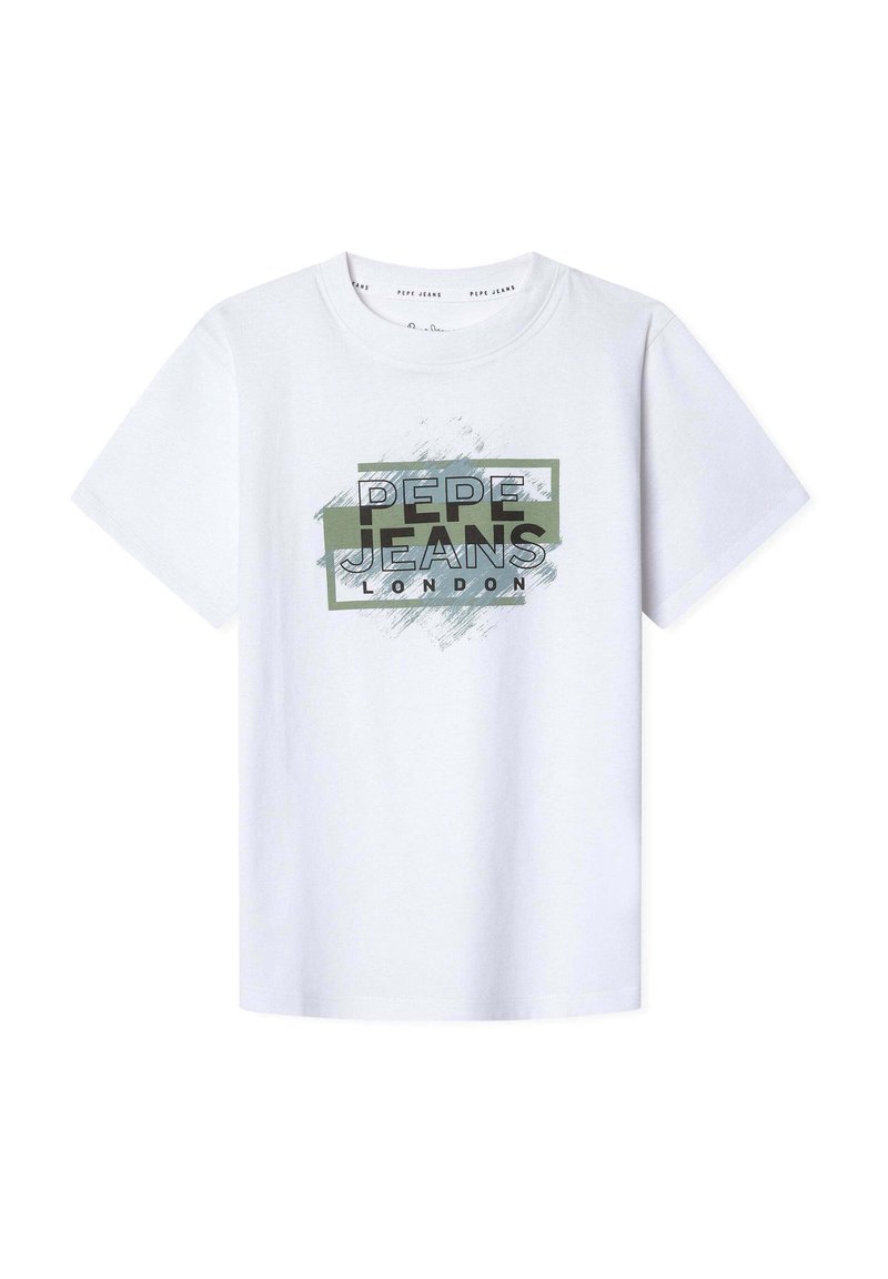 Balta medvilninė marškinėliai su trumpomis rankovėmis, su daugiakalbe grafikine spauda, kurioje įtrauktas „Pepe Jeans London“ ryškiais, stilingais šriftu.