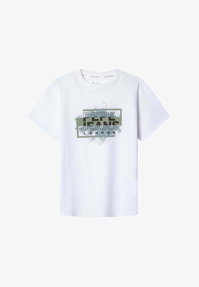 Camiseta de algodón blanca con mangas cortas, que presenta un estampado gráfico multicolor que incluye "Pepe Jeans London" en letras negritas y estilizadas.