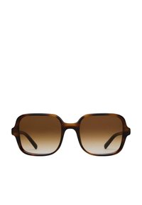 Ochelari de soare cu gradient maro, cu un cadru rotunjit, în formă de pătrat. Realizați din plastic gros, având un model de broască țestoasă și brațe drepte.