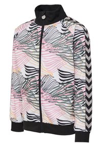 Zip-Jacke mit hohem Kragen, die ein buntes Blattmuster in Pink, Grün und Schwarz zeigt. Schwarze Kontraststreifen an den Ärmeln.