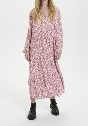 Vestido largo de estampado floral con escote en V y mangas largas, cintura fruncida y falda fluida. Presenta una mezcla de colores rosa, azul y verde.