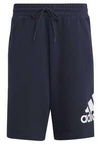 Námornícky modré športové šortky vyrobené z jemného materiálu. Majú elastický pás so šnúrkou a biele logo Adidas na dolnej pravej nohe.