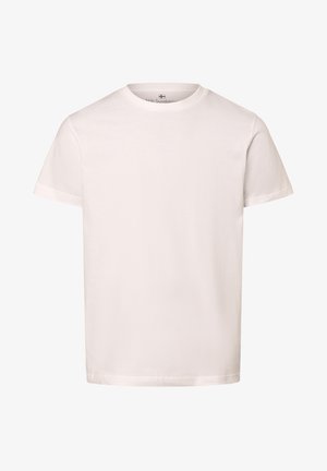 Weißes Baumwoll-T-Shirt mit Rundhalsausschnitt und kurzen Ärmeln. Glatte Textur, das Kleidungsstück hat ein minimalistisches Design ohne Muster oder Akzente.