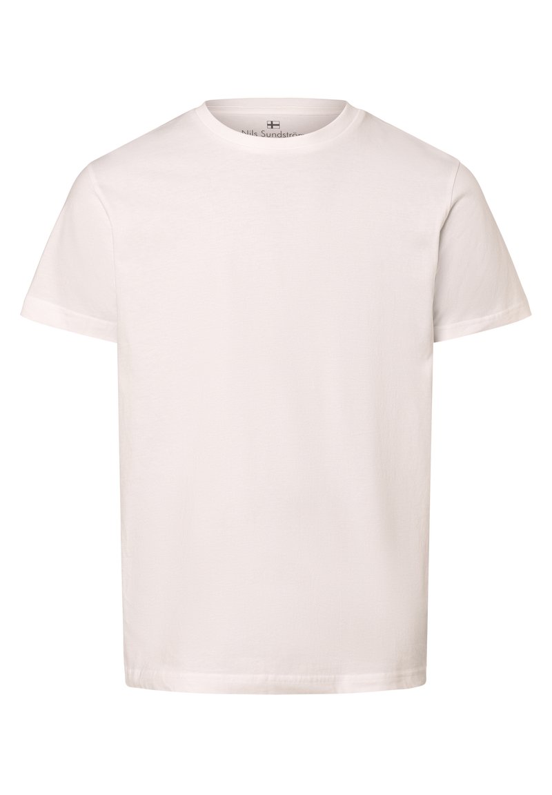 Weißes Baumwoll-T-Shirt mit Rundhalsausschnitt und kurzen Ärmeln. Glatte Textur, das Kleidungsstück hat ein minimalistisches Design ohne Muster oder Akzente.