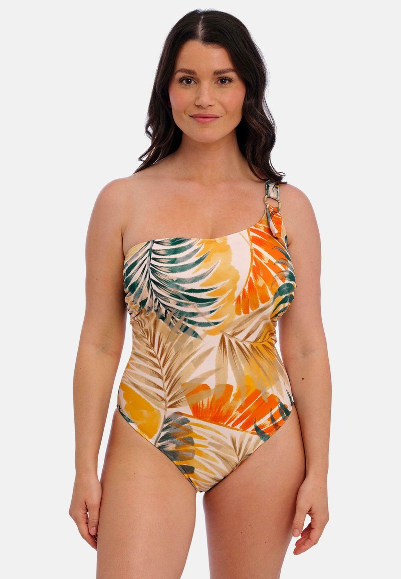Eén-schouder badpak met een tropisch bladmuster in oranje, geel en groen op een lichtbeige achtergrond; inclusief een decoratieve band.