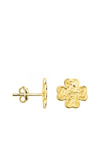 Guldblommig örhänge med struktur. Har en tryckbakslås och rundade blad, som mäter cirka 1 cm.