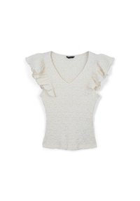 Top bianco a maniche corte con scollo a V, caratterizzato da maniche a volants e tessuto testurizzato e stropicciato. Design aderente con dettagli sottili.