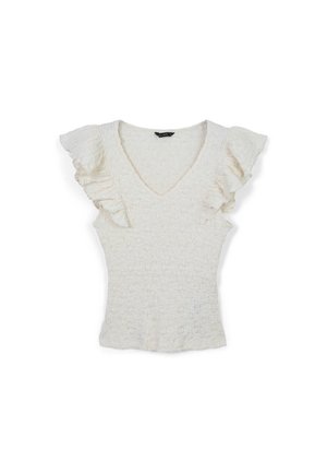 Weißes kurzärmliges Oberteil mit V-Ausschnitt, das mit Rüschensleeves und einem strukturierten, zerknitterten Stoff gefertigt ist. Taillierte Passform mit feinen Details.