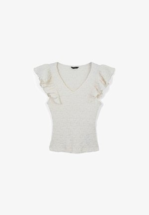 Weißes kurzärmliges Oberteil mit V-Ausschnitt, das mit Rüschensleeves und einem strukturierten, zerknitterten Stoff gefertigt ist. Taillierte Passform mit feinen Details.