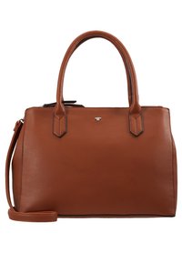 Sac à main en cuir marron avec deux poignées supérieures, une bandoulière amovible et un petit logo métallique au centre devant.