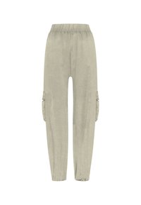 Jasnobeżowe spodnie bojówki z elastycznym pasem, bocznymi kieszeniami, luźnym krojem i gładką teksturą; zaprojektowane z myślą o komforcie i funkcjonalności.