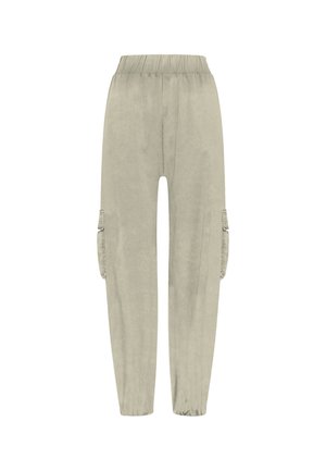 Lichtbeige cargobroek met een elastische tailleband, zijzakken, een losse pasvorm en een gladde textuur; ontworpen voor comfort en functionaliteit.