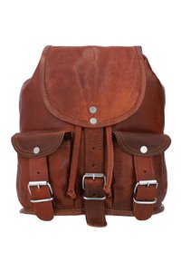 Brown leather backpack with flap closure, two front buckle pockets, and metal studs on a white background.