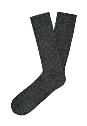 Chaussettes grises à côtes fabriquées à partir d'un tissu texturé, dotées d'un orteil et d'un poignet renforcés, avec un design classique arrivant au genou.