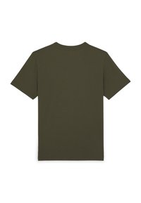 Olivgrön bomulls-t-shirt, korta ärmar, rundad halsringning, enhetlig design utan synliga mönster eller detaljer. Bakvy visas.