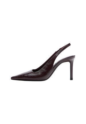 Burgundy leather slingback pump with a pointed toe, a mid-height stiletto heel, and a cutout side for a modern design.