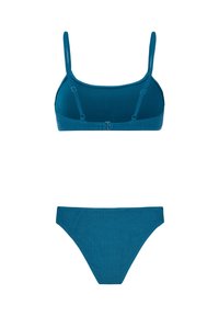 Maillot de bain deux pièces bleu sarcelle avec bretelles réglables sur le haut et culotte taille haute, tissu texturé avec un motif subtil.