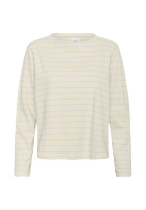 Pikema varrukaga särk helekollases toonis, peente siniste horisontaalsete triipudega. Pehme kangas, ümar kaelus, lõdvestunud lõige, nähtamatud kinnitused ega dekoratsioonid.