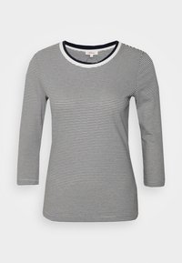 Randig långärmad t-shirt i svart och vitt med rund halsringning och kontrasterande vit krage. Tillverkad av mjukt, stretchigt tyg.