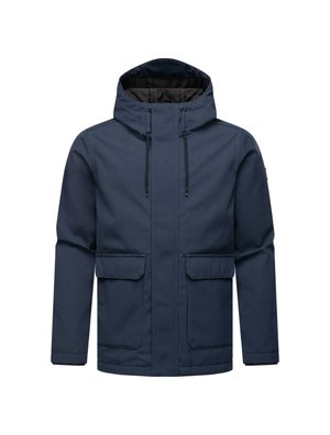 Navyblau, kapuzenjacke aus strukturiertem Stoff; mit Fronttaschen und Zugbändern für die verstellbare Kapuze. Minimalistisches Design, gerade geschnitten.