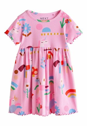 Pink short-sleeve children's dress with unicorn, rainbow, flower, and geometric pattern in pastel colors.